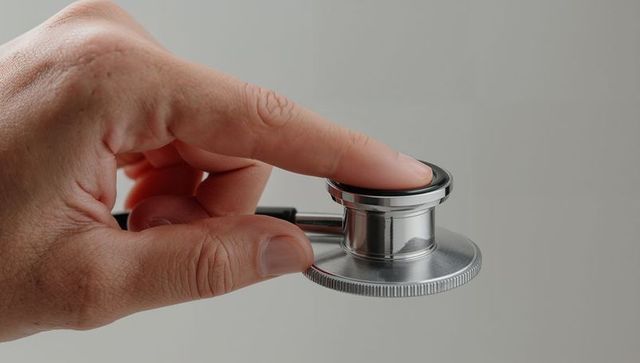 Hand holding stethoscope chest piece pressing diaphragm on gray background for medical exam