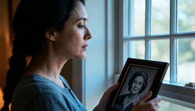 Woman holding framed portrait at window reflecting on memory and loss