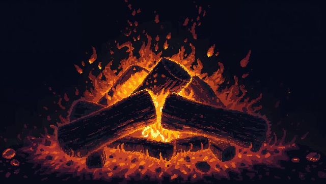 Pixel-art campfire with glowing embers and crackling charred logs retro game glow night