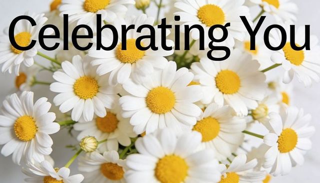 Celebrating you white daisy bouquet close-up with bright yellow centers for greeting card