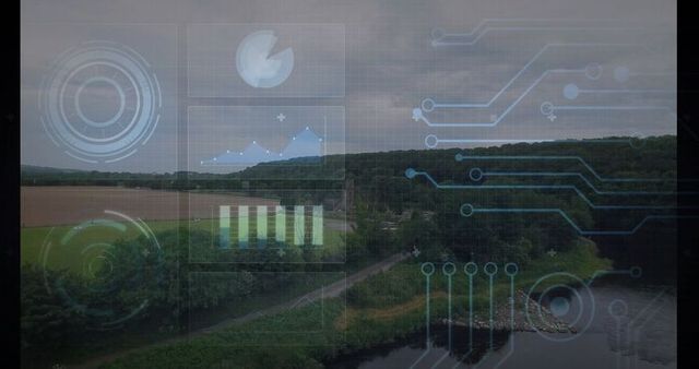 Eco-Friendly Technology Overlay on Scenic Agricultural Landscape