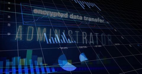 Holographic Administrator Dashboard Projecting Over 3D Grid with Neon Analytics Charts