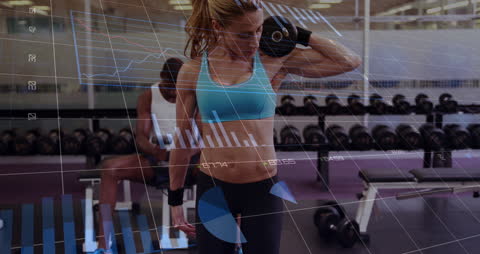 Fit Woman Weightlifting with Digital Data Overlay in Gym Setting