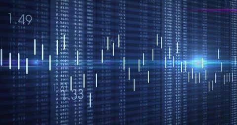 Displaying Futuristic Blue Candlestick Trading Chart Showing Market Data, Neon Analytics