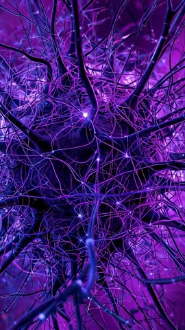 Vertical motion video zooming through pulsing neural network with glowing synapses