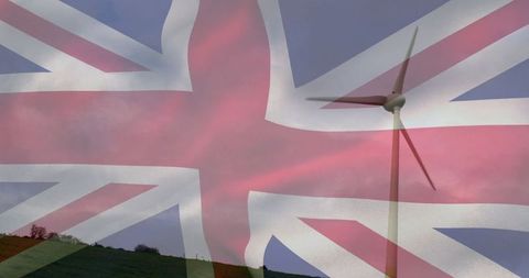 Wind Turbine with Union Jack Overlay on Rolling Hills