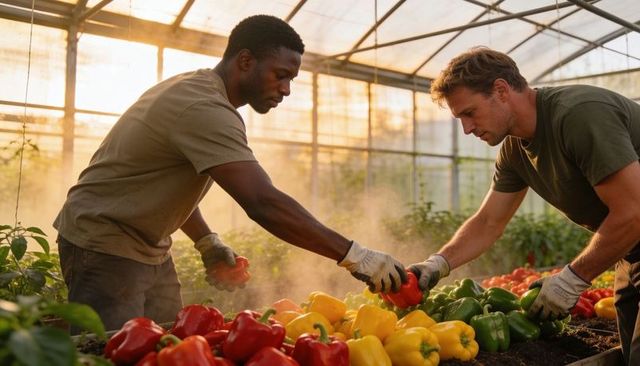 Sunlit greenhouse sunset glow, two men harvesting colorful bell peppers with teamwork and care