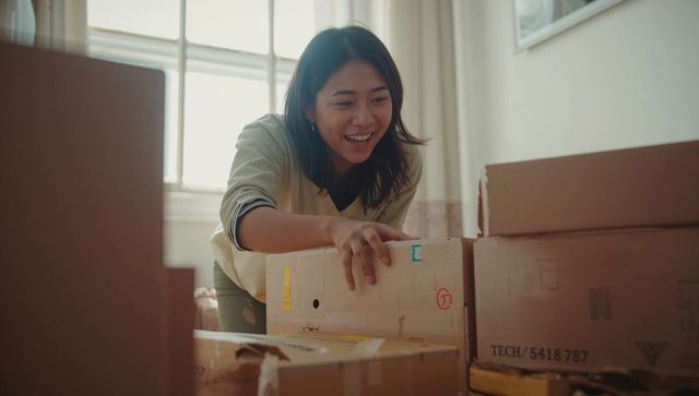 Young asian woman unpacking cardboard boxes in sunlit living room, smiling while organizing