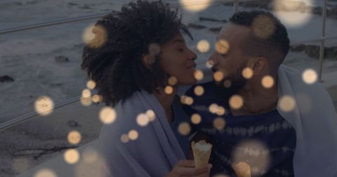 Romantic Couple Embracing by Seaside in Evening Atmosphere