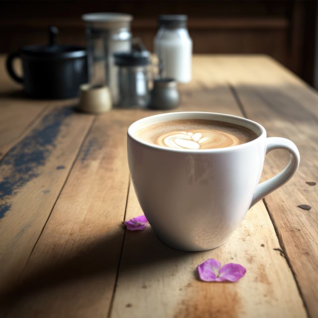 Latte with heart design present in white cup on wooden table with flower petals. Ideal for marketing coffee shops, promoting barista skills, showcasing artisanal coffee, blogging about cozy cafes, adding aesthetic touch to social media posts.