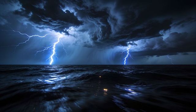 Twin lightning striking open ocean at night with turbulent waves and dramatic storm clouds