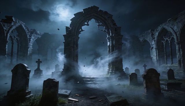 Moonlit gothic ruins gateway: fog-filled graveyard with crumbling arch, bats, mist