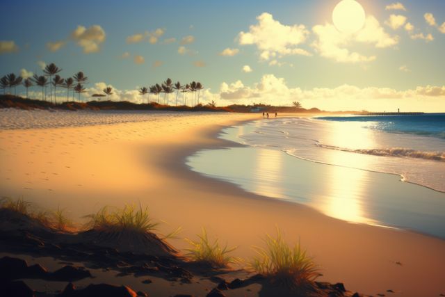 Sunset at beach and sea with palm trees and sky with clouds created using generative ai technology. Vacation, beach, nature and landscape concept digitally generated image.