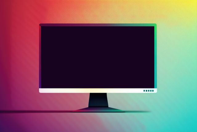 This depicts a modern computer monitor with a blank screen set against a vibrant gradient background ranging from red to yellow. It is ideal for digital marketing, technology blogs, website design mock-ups, and product presentations.