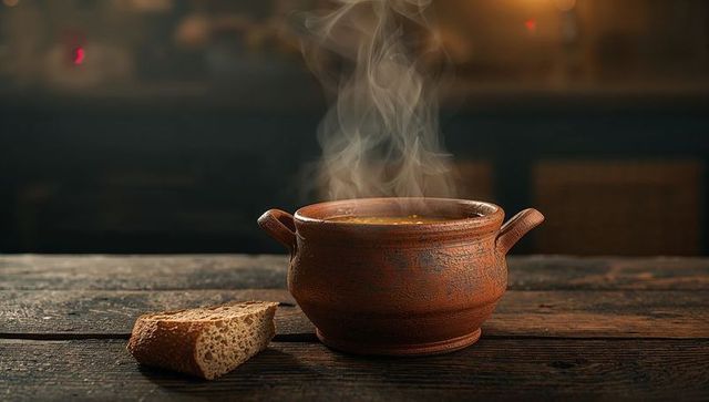 Steaming terracotta pot with broth and rustic bread