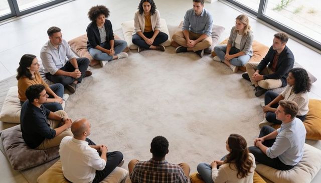 Diverse team holding circle discussion in sunlit workspace with cushions and rug