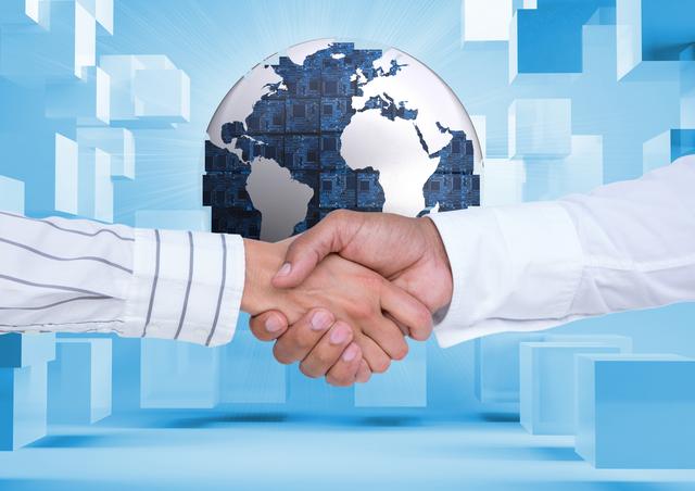 Business executives shaking hands in front of a digitally generated background featuring a globe. Ideal for illustrating concepts of global business, partnerships, technology integration, and corporate agreements. Suitable for use in business presentations, websites, marketing materials, and articles about international trade and cooperation.