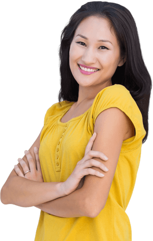 Smiling Asian Woman in Casual Yellow Shirt on Transparent Background
