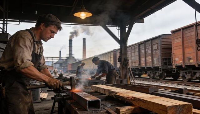 Blacksmith forging hot steel beam in railway workshop hammering sparks and steam