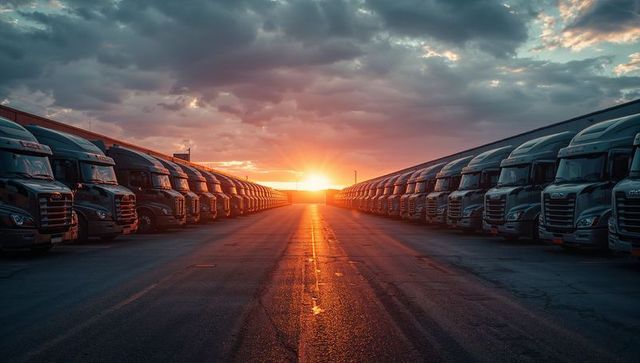 Symmetrical semi truck fleet lining asphalt lane toward glowing sunset horizon at dusk
