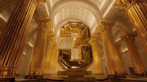 Camera Pulling Back Revealing Giant Mirrored Gold Numeral 3 on Pedestal in Neoclassical Hall