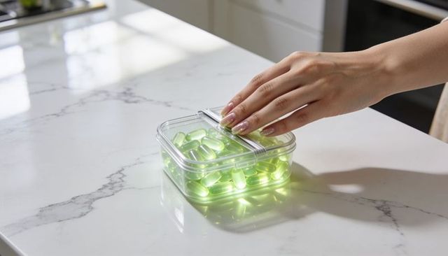 Pressing hand closing clear container of glowing green softgel vitamins on marble countertop