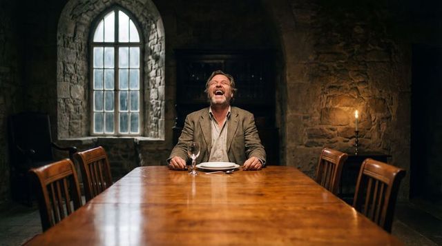 Laughing middle-aged man seated at head of wooden banquet table in candlelit stone hall