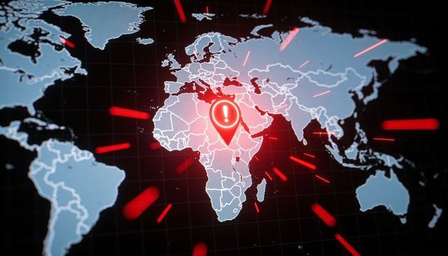 Red alert pin highlighting cybersecurity breach over africa on digital world map