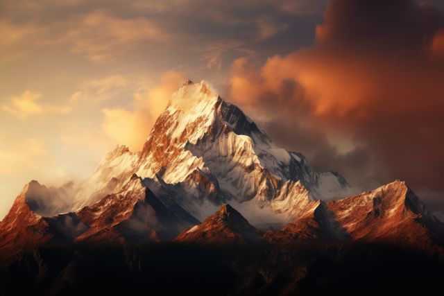 Mountain peak with snow and dramatic sunset sky creates an awe-inspiring scene perfect for travel advertisements, adventure campaigns, or nature-related editorials. Image highlights natural beauty, serenity, and adventure making it ideal for wall art, posters, or calendars focused on wanderlust and exploration.
