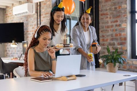 Office Birthday Celebration with Diverse Coworkers and Festive Decorations