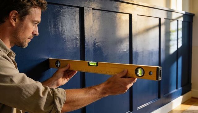 Man leveling navy paneled wall with yellow spirit level during home renovation