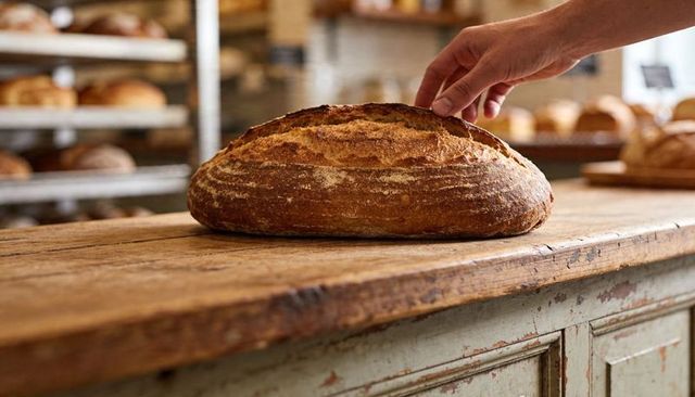 Hand touching rustic sourdough loaf on worn wooden counter in artisan bakery