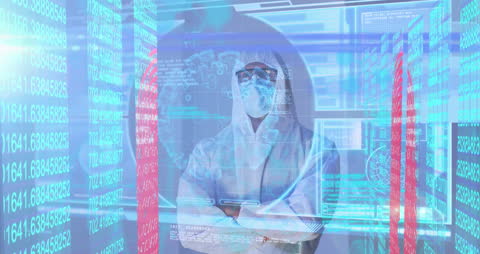 Caucasian Scientist Analyzing Digital Data Interfaces in Lab