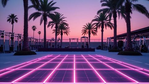Neon Glow Fitness Area with Palm Trees at Sunset