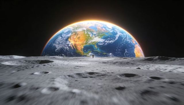 Astronaut standing on lunar plain gazing at earthrise over cratered horizon