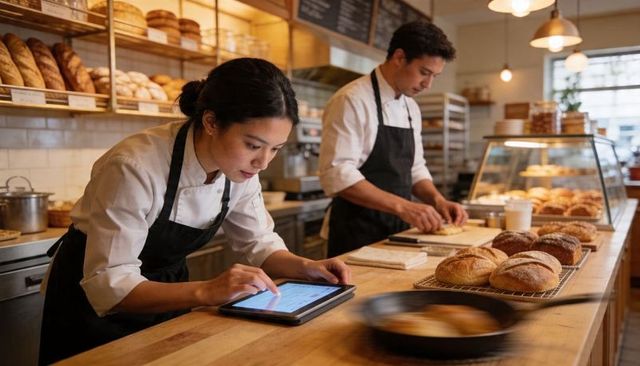 Female baker using tablet at artisan bakery counter with fresh bread loaves and teamwork