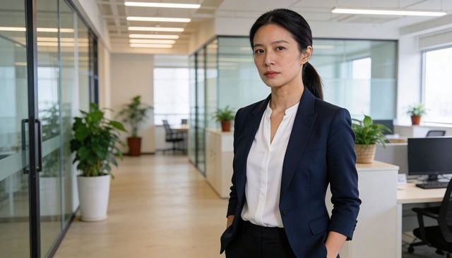 Standing asian businesswoman wearing navy blazer in modern open-plan office with plants