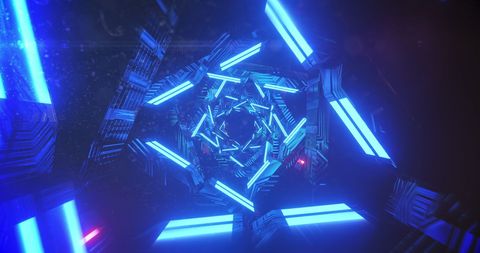 Futuristic neon tunnel with spinning light trails