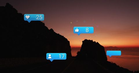 Sunset Over Ocean With Social Media Connection Icons