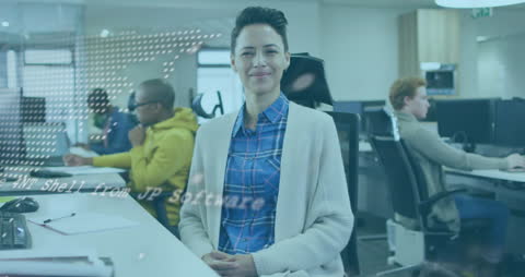 Diverse Team Collaborating in Modern Office with Digital Overlays