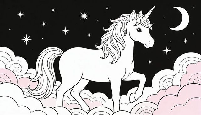 Prancing white unicorn on moonlit swirling clouds with spiral horn and starry night sky