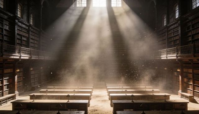 Sunbeams Bathing Historic Library Reading Tables Through Dusty Air and Mezzanine Galleries