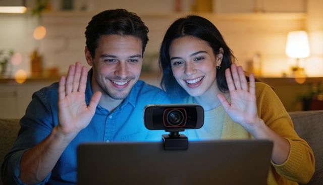 Young couple waving during evening video call using external webcam on laptop