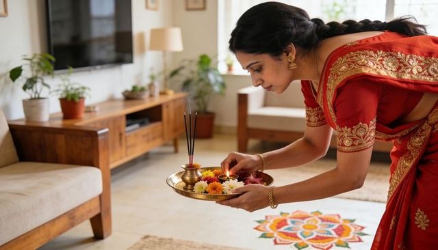 Indian woman in red saree lighting brass diya on flower thali with colorful rangoli