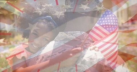 Patriotic Homecoming: Girl Embrace Soldier Father with USA Flag Overlay