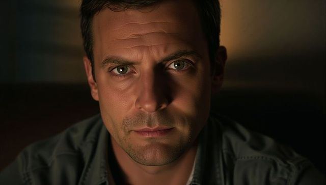 Intense moody closeup of middle-aged man with piercing gaze cinematic lighting portrait