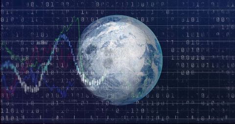 Global Financial Data Overlay on Binary Background with Earth Concept