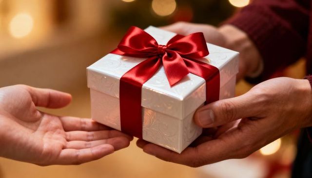 Hands exchanging white embossed gift box with red satin ribbon for cozy holiday giving