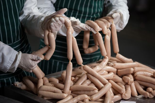 Mid section of butchers processing sausages at meat factory