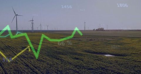 Wind Turbines on Farmland with Superimposed Neon Graph Lines